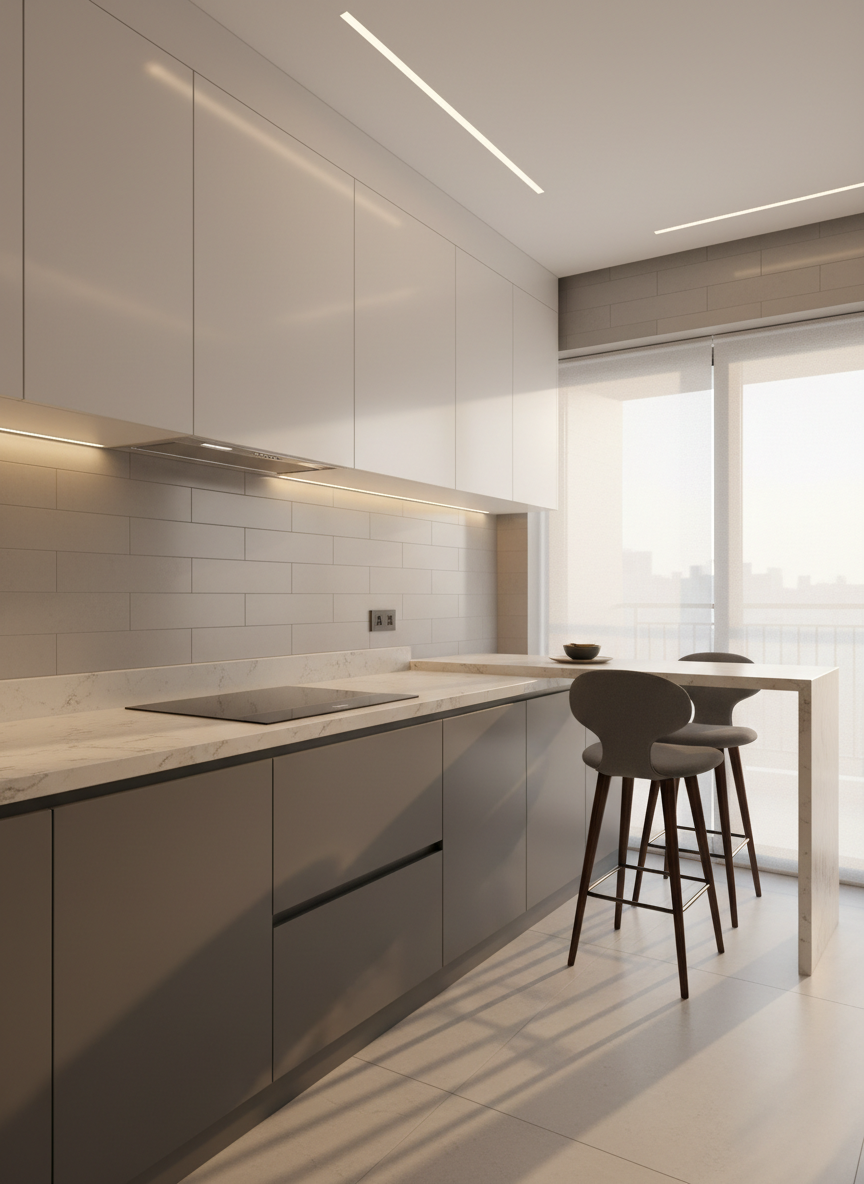 A stylish modular kitchen interior designed for a contemporary Pune apartment, featuring matte grey lower cabinets, glossy white upper cabinets, and a pale quartz countertop with subtle veining. A streamlined induction cooktop, minimal stainless-steel hardware, and a concealed chimney enhance the clean, professional look. A narrow breakfast ledge with two sculptural bar stools extends towards a balcony door framed by sheer blinds. Golden hour sunlight spills in, creating soft highlights on the cabinetry and gentle reflections on the tiled backsplash. Overhead profile lighting adds a controlled, ambient glow. Shot in photographic realism from an eye-level wide angle, the composition emphasizes functionality, efficient layout, and premium finishes, ideal for inclusion in a project portfolio gallery.