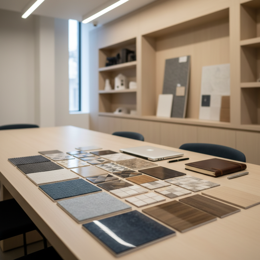 A clean, contemporary consultation space for an interior design studio in Pune, featuring a long, minimalist light-wood table with a smooth matte finish, neatly arranged material samples of fabrics, tiles, and wood veneers laid out in a grid. A sleek laptop is closed beside a leather-bound notebook and a fine metal pen, suggesting readiness for a design discussion without showing any screens or text. Built-in shelves along the wall display mood boards and small architectural models as abstract shapes. Soft overhead panel lighting combines with indirect daylight from a high side window, creating a calm, focused atmosphere. Photographed at a slightly elevated angle with shallow depth of field subtly blurring the background, the scene conveys professionalism and organized, premium consultation services.