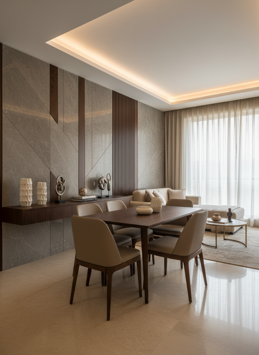 An elegant open-plan apartment interior styled for a design portfolio, with a compact yet luxurious living and dining area typical of an upscale Pune residence. A slim, dark-wood dining table with upholstered taupe chairs sits beside a feature wall clad in textured stone and vertical wooden slats. A carefully curated arrangement of ceramic vases and abstract decor is displayed on a floating console. Soft warm-white cove lighting traces the false ceiling, while a large window with sheer curtains introduces diffused afternoon light. Captured from a slightly elevated corner angle, the photographic composition leads the eye diagonally through the space, creating a calm, inviting, and highly professional atmosphere suitable for showcasing interior design services.