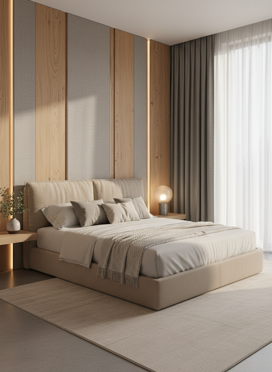 A refined bedroom interior concept for a high-end design portfolio, featuring a low platform bed with an upholstered headboard in soft beige fabric, dressed in crisp white linens and layered neutral cushions. Behind the bed, a full-height panelled wall in warm wood and textured fabric adds depth, with integrated LED strips casting a gentle, diffused glow. A slim floating bedside ledge holds a sculptural lamp and a small potted plant. Floor-to-ceiling curtains in a muted grey frame a large window, allowing soft morning light to filter in. Captured from a three-quarter angle with balanced composition, the photographic image feels serene, orderly, and luxurious, communicating a professional, tailored interior design approach.